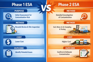 Infographic illustrating the differences between Phase 1 vs Phase 2 ESA, including assessment purpose, methodology, costs, and outcomes.